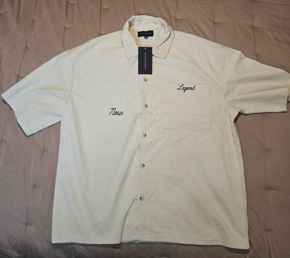 Upstanders Men's Corduroy Shirt Large Cream Embroidered Legend Button Up NWT